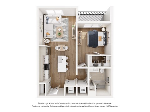 Floor plan for 1 bed, 1 bath, 689 sqft